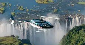 A birds eye view of the Victoria Falls seen from a helicopter ride.